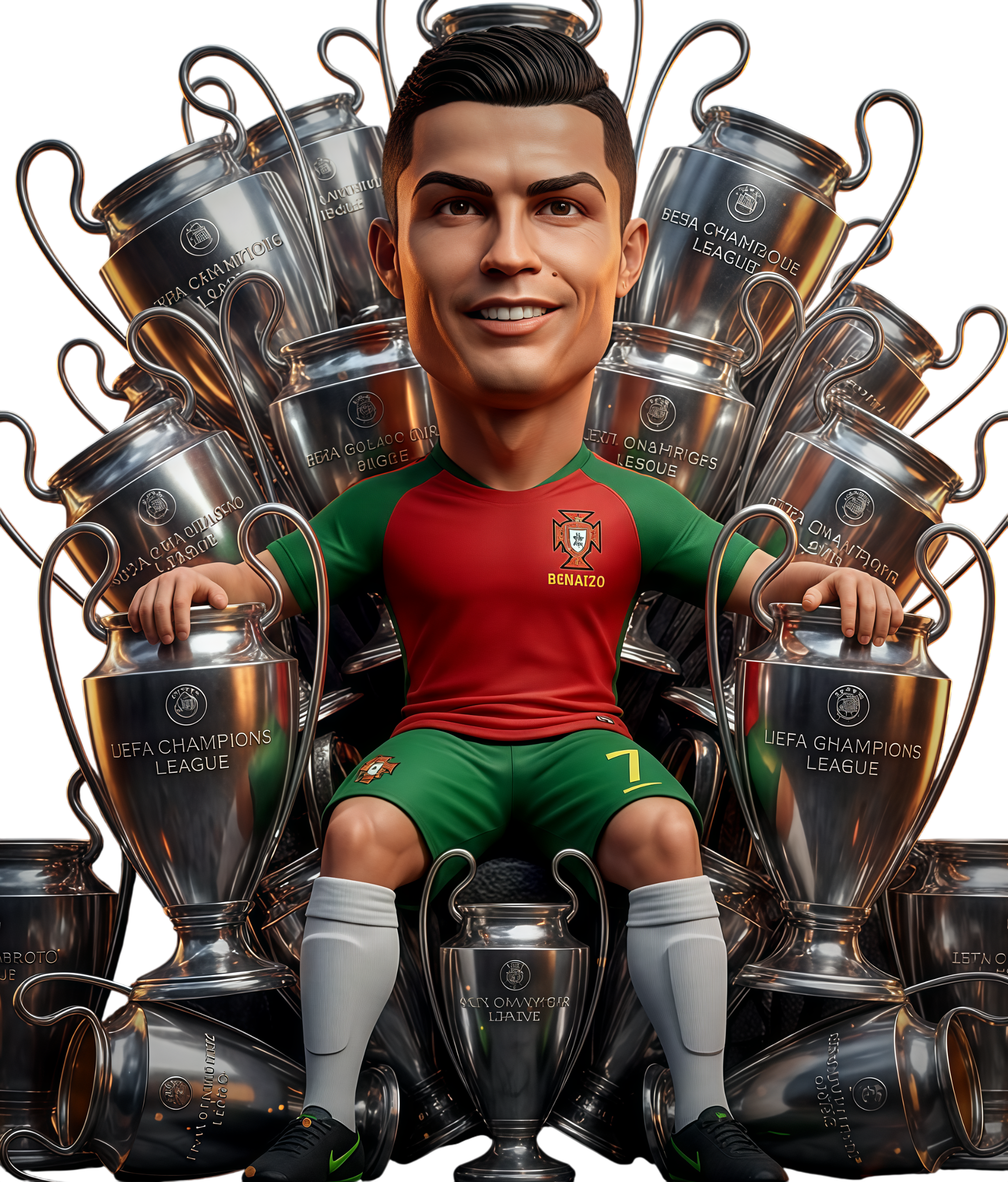 Cristiano Ronaldo seated on a Champions League throne
