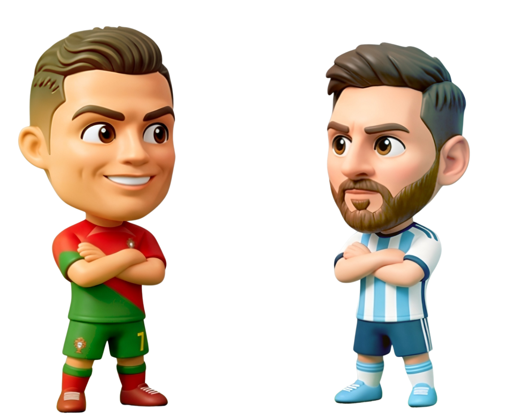 Messi and Ronaldo facing each other, arms crossed